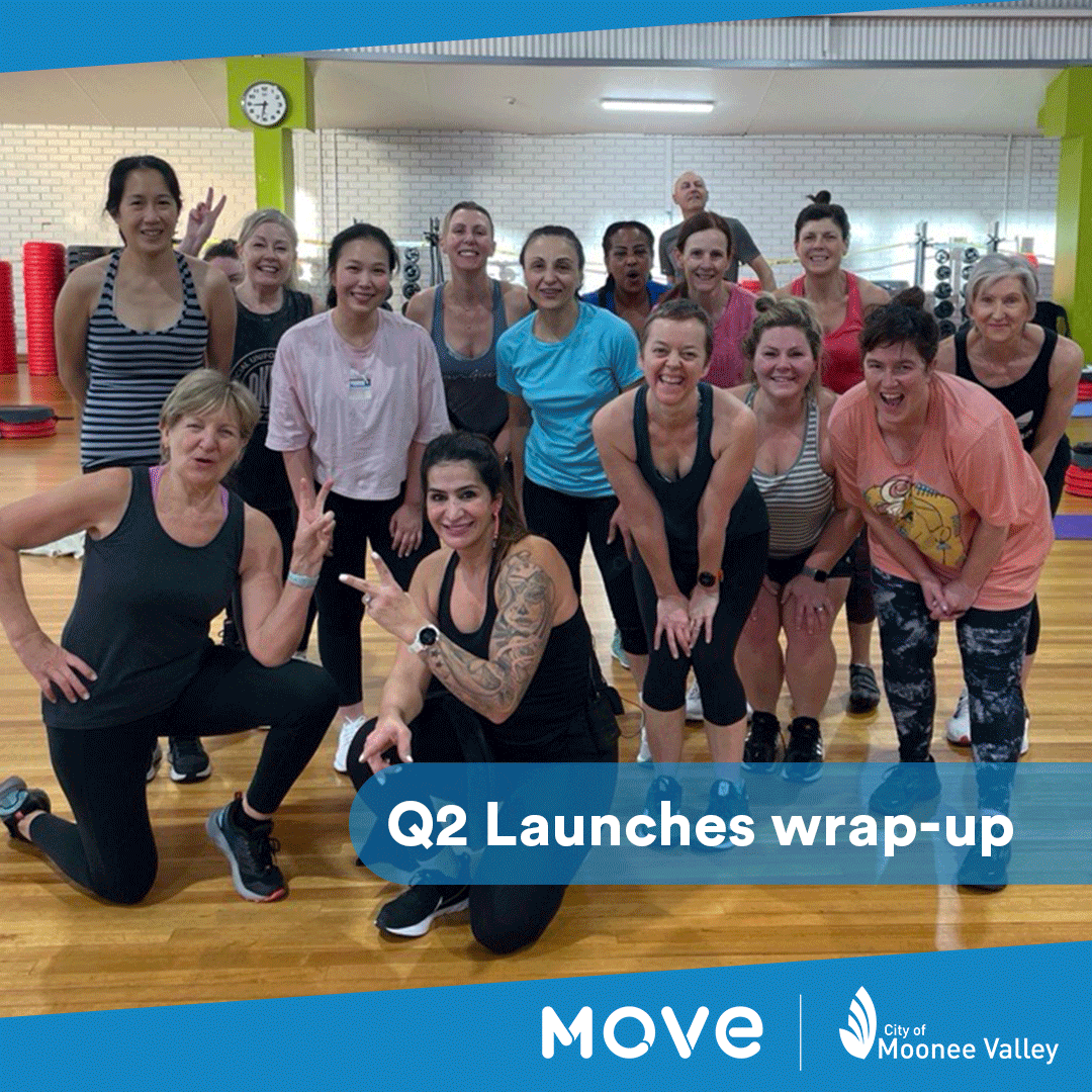 Group of people gathered together in the Stadium, smiling after one of the launch classes as part of Les Mills Launch Week.